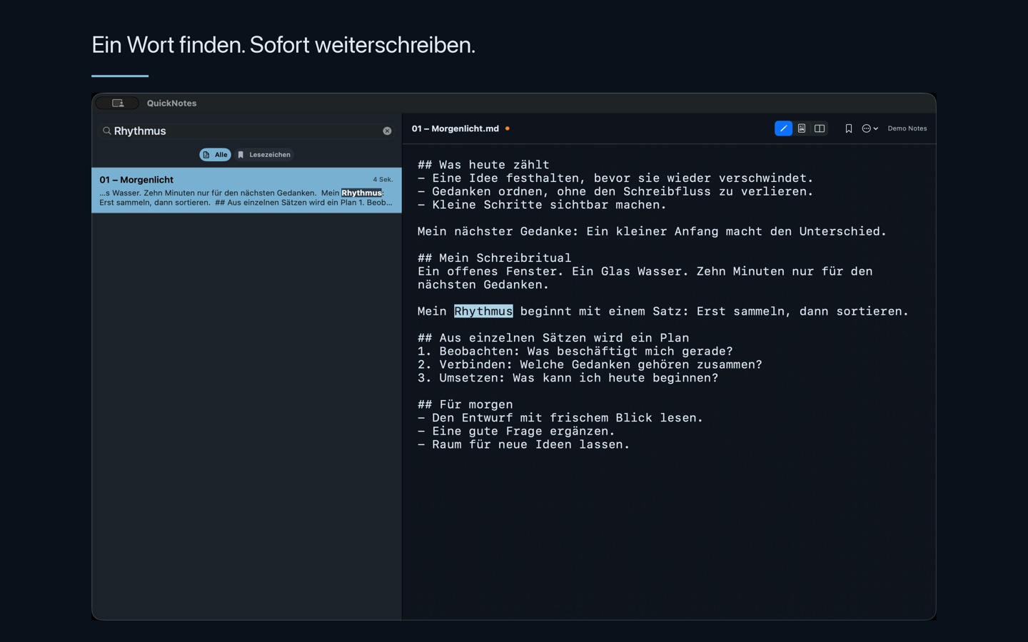Notizen finden und direkt weiterschreiben · Mac