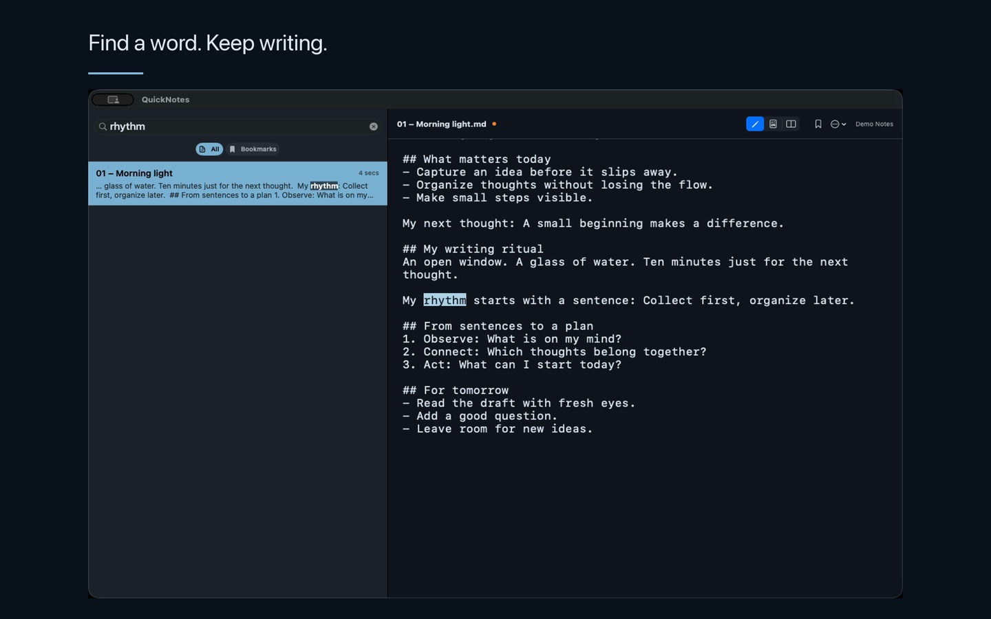 Find notes and keep writing · Mac